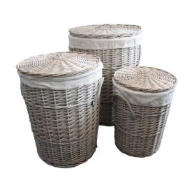 Set of 3 Grey Round Willow Wicker Laundry Baskets in 3 Sizes