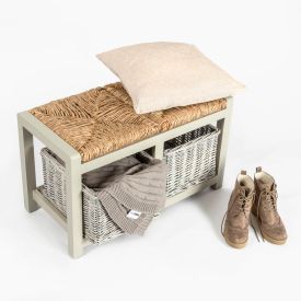 Grey Wooden Storage Bench with 2 Wicker Baskets