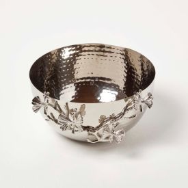 Large Silver Floral Decorative Bowl with Silver Orchid, 24.5 x 22.5cm