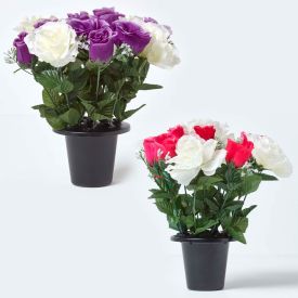 Set of 2 Pink & Purple Roses Artificial Flowers in Grave Vases
