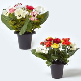 Set of 2 Pink, Orange & Red Anemone Artificial Flowers in Grave Vases
