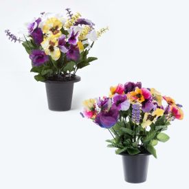 Set of 2 Purple & Yellow Pansy & Roses Artificial Flowers in Grave Vases