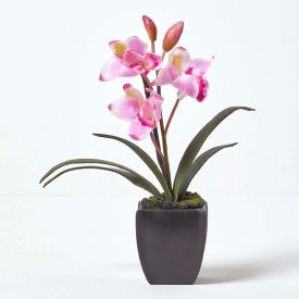 Small Light Pink Cymbidium Artificial Orchid in Black Pot, 38 cm Tall