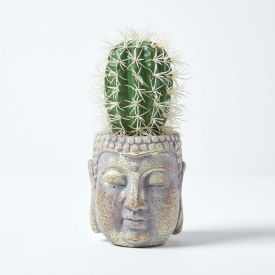 Echioncactus Artificial Cactus in Decorative Buddha Head Stone Pot, 24 cm Tall