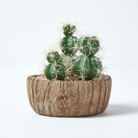 Echinocactus Artificial Cactus in Round Wooden Planter, 15 cm Tall