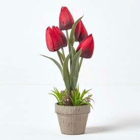 Dark Red Artificial Tulips Grey Decorative Stone Pot, 27 cm
