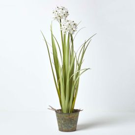 Artificial White Allium Plant in Rustic Grey Zinc Pot, 84 cm Tall