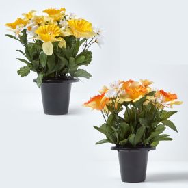 Set of 2 Yellow & Orange Narcissus & Daisy Artificial Flowers in Grave Vases