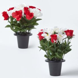 Set of 2 Red & White Roses & Lilies Artificial Flowers in Grave Vases