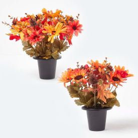 Set of 2 Orange, Brown & Red Autumnal Artificial Flowers in Grave Vases