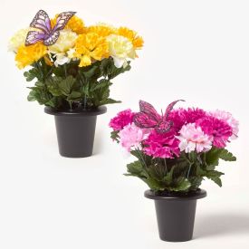 Set of 2 Yellow & Pink Carnation Artificial Flowers with Butterfly Decoration in Grave Vases