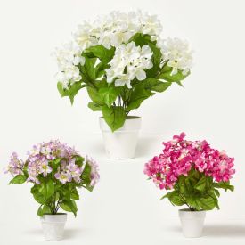 Set of 3 Hydrangea Artificial Plant in White Pot, 40 cm