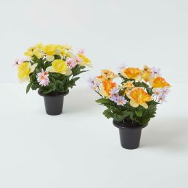 Set of 2 Daisy & Daffodil Artificial Flowers in Grave Pot
