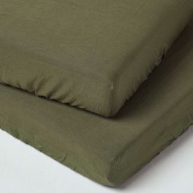 Dark Green Linen Cot Bed Fitted Sheets 70 x 140 cm, Pack of 2