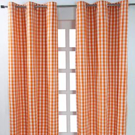 Cotton Orange Block Check Gingham Ready Made Eyelet Curtains