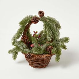 Festive Wicker Basket Christmas Decoration with Green Fir, Berries and Pinecones