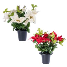 Set of 2 Red & Gold Christmas Poinsettia Artificial Flowers in Grave Vases