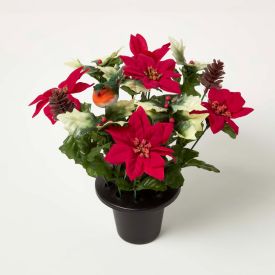 Artificial Poinsettia, Holly and Robin Grave Vase