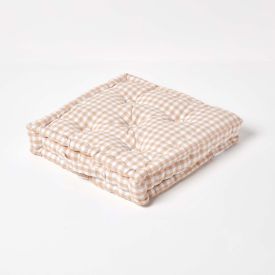 Cotton Gingham Check Beige Floor Cushion, 40 x 40 cm