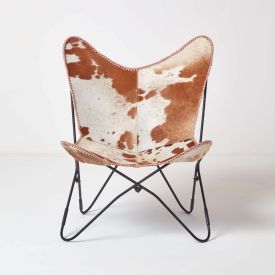 Brown and Cream Leather Cowhide Butterfly Chair