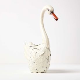 Metal White Swan with Flower Pot, 41 cm Tall