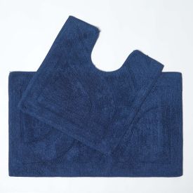 Luxury Two Piece Cotton Navy Blue Bath Mat Set