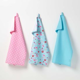 Cotton Birds and Flowers Pink Blue Tea Towels Set Of Three