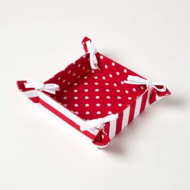 Reversible Fabric Bread Basket Polka Dots Red Foldable Basket 