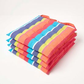 Multi Stripe Seat Pad with Button Straps 100% Cotton 40 x 40 cm