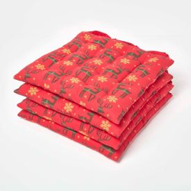 Red Reindeer Christmas Seat Pad with Straps 100% Cotton 40 x 40 cm