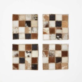 Block Check Brown Leather Coasters Set of 4