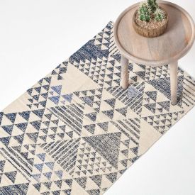 Delphi Blue and White Geometric Style 100% Cotton Printed Hallway Runner, 66 x 200 cm
