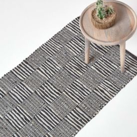 Black & White Real Leather Handwoven Striped Block Check Hall Runner, 66 x 200 cm