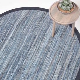 Blue Denim Handwoven Striped Chindi Large Round Rug 