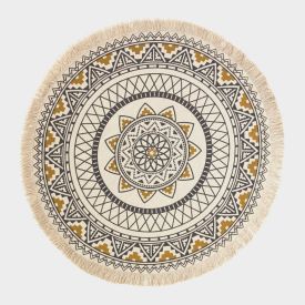 Black & Gold 100% Cotton Mandala Printed Round Rug
