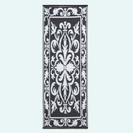Black & White Outdoor Rug Runner with Damask Design, 198 x 73 cm