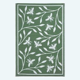 Green Floral Outdoor Rug with Bumble Bee Design, 182 x 122 cm