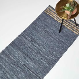 Grey Recycled Leather Handwoven Stripe Rug, 66 x 200 cm