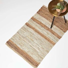 Brown Recycled Leather Handwoven Stripe Rug, 60 x 90 cm