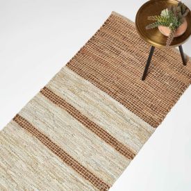 Brown Recycled Leather Handwoven Stripe Rug, 66 x 200 cm