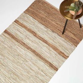 Brown Recycled Leather Handwoven Stripe Rug, 90 x 150 cm