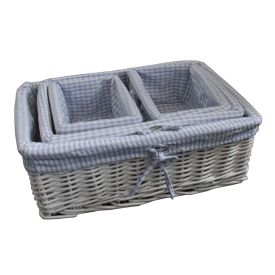 Set of 4 Blue Gingham Lined Willow Wicker Baskets