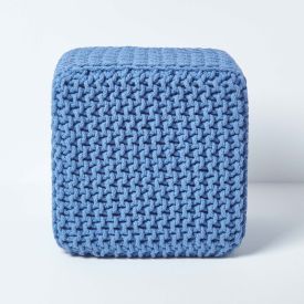 Blue Knitted Cotton Cube Footstool 35 x 35 x 35 cm 