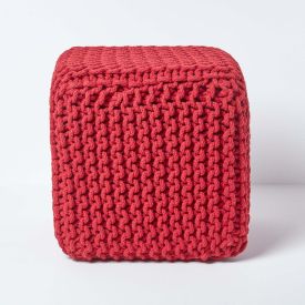 Red Cube Cotton Knitted Pouffe Footstool