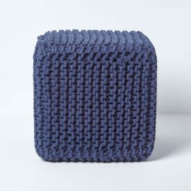 Navy Blue Knitted Cotton Cube Footstool 35 x 35 x 35 cm