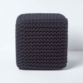 Black Cube Cotton Knitted Pouffe Footstool