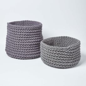 Grey Cotton Knitted Round Storage Basket