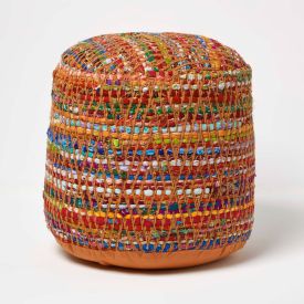 Red and Multi-Colour Chindi Design Circular Bean Filled Pouffe