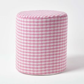 Pink Gingham Check Round Pouffe Cotton 40 x 42 cm