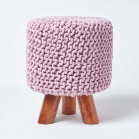 Pastel Pink Tall Cotton Knitted Footstool on Legs